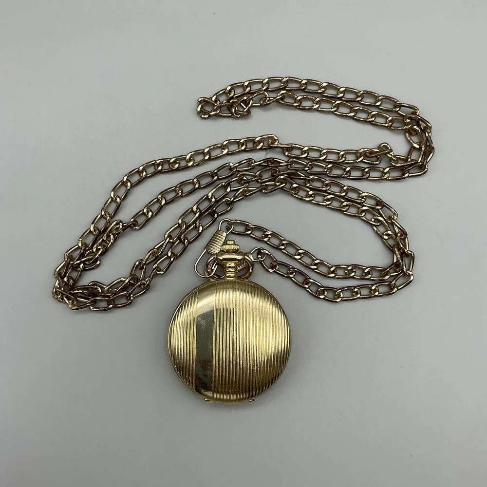 Milan Pocket Watch Men 46.9mm Gold Tone Full Hunter Chain White Date New Battery